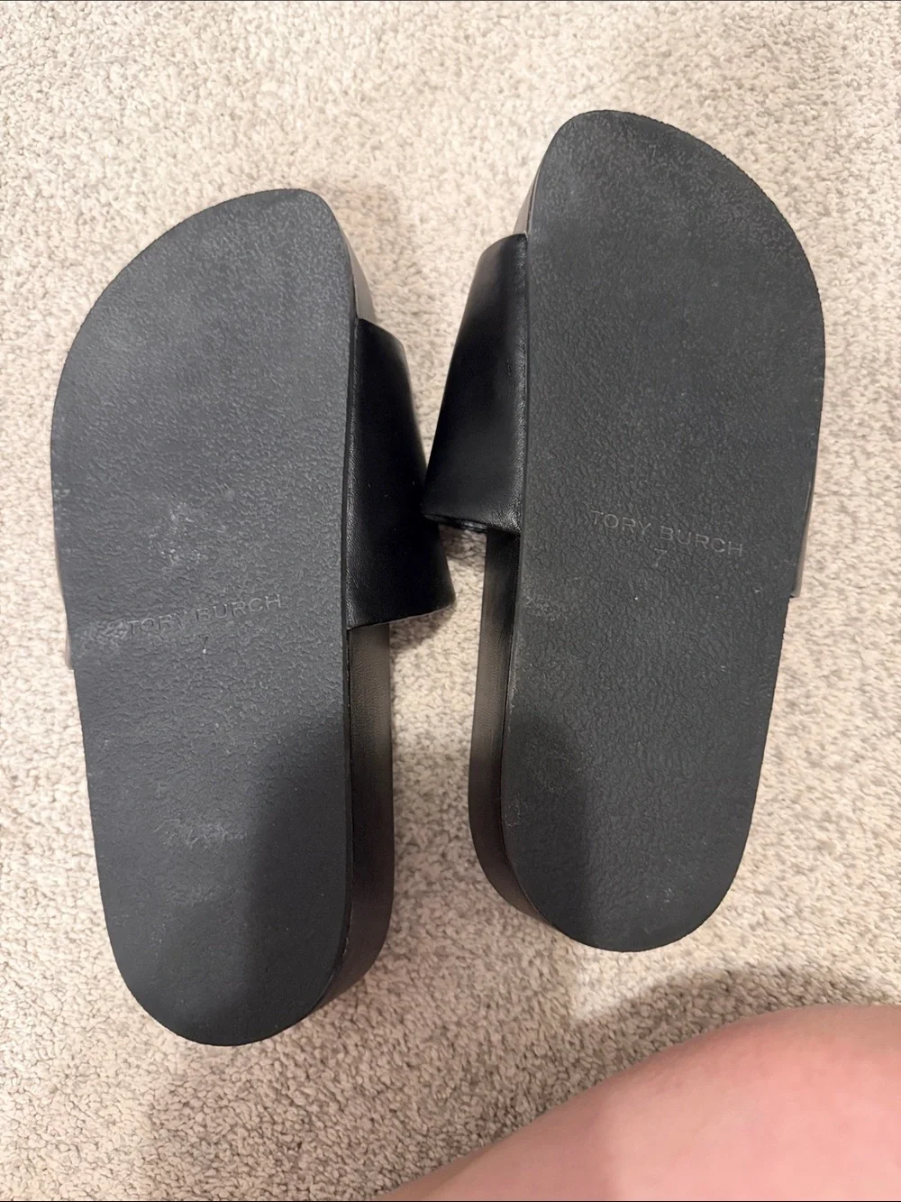 Tory Burch Black Leather Slide Sandals with Gold Emblem